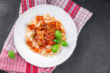 rice chicken Basque tomato sauce tasty meat fresh eating cooking appetizer meal food snack on the table copy space food background rustic top view