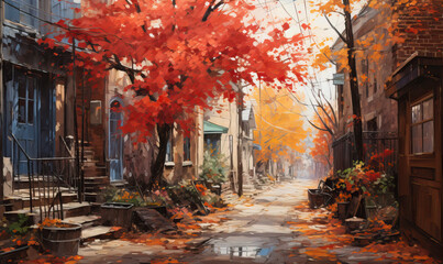 Colorful watercolor, city street with autumn trees.