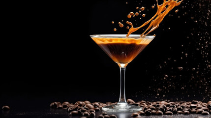 Espresso Martini drink with splashes and coffee beans floating in the air, black wall background. Copy space.