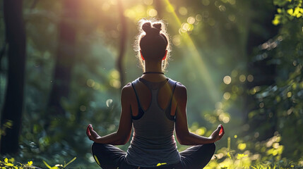 Back of woman relaxingly practicing meditation yoga in the forest to attain happiness from inner peace wisdom serenity with beam of sun light for healthy mind wellbeing and wellness soul concept