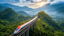High-speed Bullet Train Crossing A Scenic Landscape --ar 16:9 --v 6.0