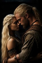 In An Epic Portrayal Of Love, A Valiant Viking Couple Embraces Passionately Against A Medieval Backdrop, Creating A Captivating Scene For A Romance Novel's Enchanting Book Cover