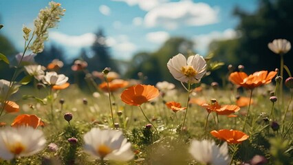 Wall Mural - beautiful and amazing of cosmos flower field landscape in sunset. nature wallpaper background.