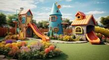 Children's Playground With Slide And Fantasy Castle House Outdoors In Spring