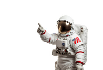 astronaut in white space suit with american flag patch on it pointing finger up on transparent backg