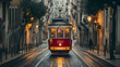 Red and Yellow Trolley Car Traveling Down a Street