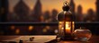 Ramadan Arabian Vintage Lantern with Burning Candle on Defocused Background Image. Generative AI.
