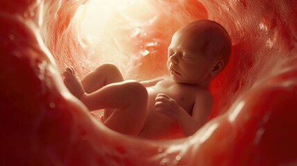 little human baby inside mother womb. small embryo in uterus. cute unborn child sleep in belly. orig