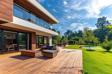 Luxurious house with a wooden terrace. 