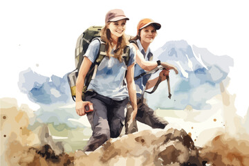 Couple girls on mountain peak looking in beautiful mountain valley. Landscape with sporty young woman. Travel and tourism