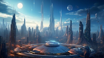 Poster - a futuristic cityscape with striking buildings and advanced technology, allowing for text placement 