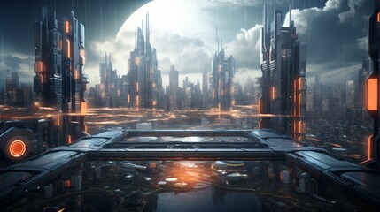 Poster - a futuristic cityscape with striking buildings and advanced technology, allowing for text placement 