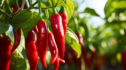 Wall Mural - Abundant chili pepper harvest with ripe red peppers on a sunlit plantation during a warm summer day.