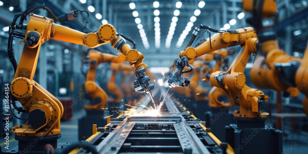 Industrial welding hand robots in manufacturing production lines plants ...