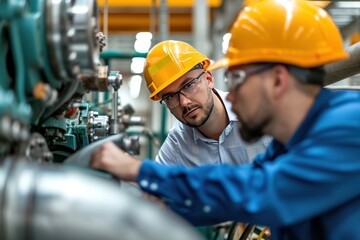 Wall Mural - Young man Engineer discussing with colleague over machinery in industry