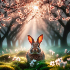 Wall Mural - Rabbit in the forest. Easter background. 3d rendering.