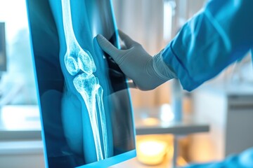 Doctor checking an X-ray sheet of leg and knee bone in the medical clinic room or hospital