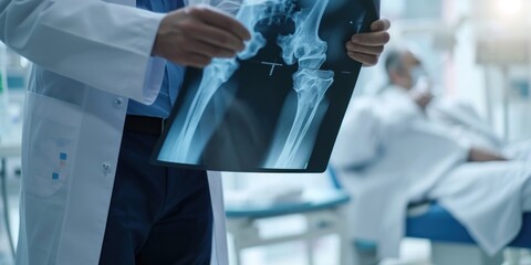 Doctor checking an X-ray sheet of leg and knee bone in the medical clinic room or hospital