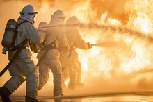 Firemen Wearing Firefighter Suits For Safety Using Water And Extinguishers To Fight Fire Flames In An Emergency