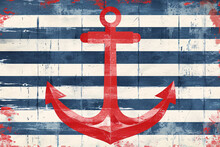 Red Anchor On Distressed Blue And White Striped Background