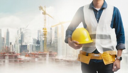 Double exposure image of construction worker holding safety helmet and construction drawing against the background of surreal construction site in the city.ai generated