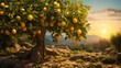 A hyper-detailed grapefruit tree with vibrant yellow fruits and glossy leaves, the morning sunlight highlighting their citrusy allure - Generative AI