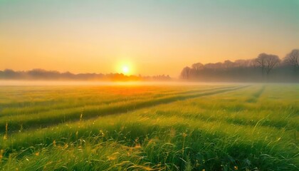  Green rice fields natural landscapes with clear sky. Fog in the valley. Sunlight entering the valley and on the mountains. Beautiful summer morning.ai generated