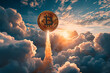 Bitcoin coin rising among sunlit clouds with a fiery trail