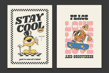 Retro Posters With Retro Mascot Cartoon Characters, Vector Illustration