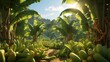 A hyper-realistic banana plantation in the morning light, showcasing the lush, broad leaves and clusters of ripening bananas in their natural environment - Generative AI