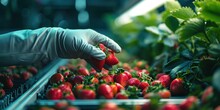 Hands In Gloves Selecting Strawberry Fruit Quality In An Industrial Factory.