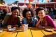 Women of all nationalities smiling and sharing a warm sisterly moment, in a bright and sunny county fair scenery, all women wearing bold and bright lipstick, holding nothing in their hands,