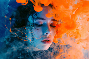 Surreal portrait of woman with orange smoke