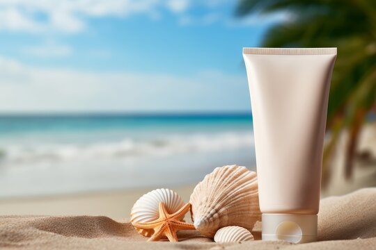 sunscreen lotion, sea shells and starfish on sandy beach. summer beach, vacation concept, uva and uv