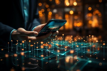 Fototapete - Start up concept with man hand holding mobile phone and light on black background