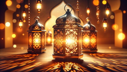 Wall Mural - experience the eid mubarak radiance with this ramadan lantern glow background, perfect for greeting 