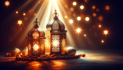 Wall Mural - experience the eid mubarak radiance with this ramadan lantern glow background, perfect for greeting 