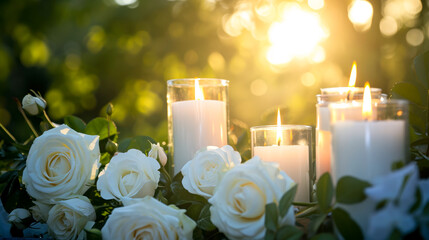 Funeral white flowers and white candles near the memorial outdoors close-up