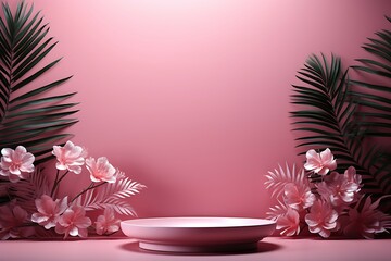 Poster - Empty room with shadows of window and flowers and palm leaves