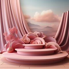 Poster - 3d render of podiums with pink fabric and flower in the background