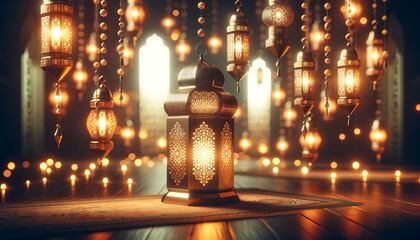 Wall Mural - experience the eid mubarak radiance with this ramadan lantern glow background, perfect for greeting 