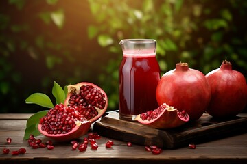 Wall Mural - Pomegranate juice with fresh fruits on wooden table on nature