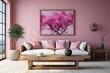 Interior of modern living room with pink wall, 3D rendering