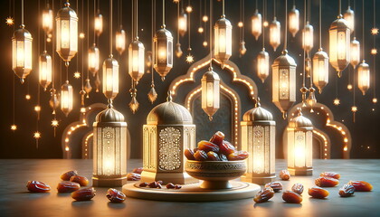 Wall Mural - experience the eid mubarak radiance with this ramadan lantern glow background with dates palm fruits