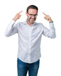 Handsome middle age elegant senior business man wearing glasses over isolated background Smiling pointing to head with both hands finger, great idea or thought, good memory