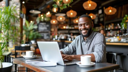 Poster - Black male freelancer working on laptop at coffee shop, happy boy with computer in bright cafe.