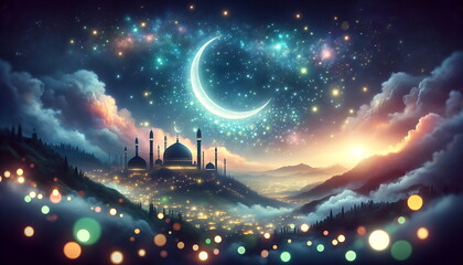 Wall Mural - enchanting ramadan crescent under the mesmerizing night sky,silhouetted mosque and mesmerizing night