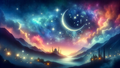 Wall Mural - enchanting ramadan crescent under the mesmerizing night sky,silhouetted mosque background