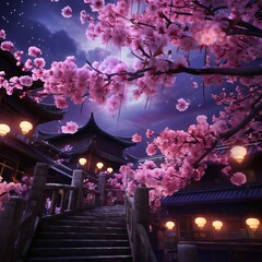 Poster - Cherry blossoms, wooden steps of Russian lam temple. At night. Chinese New Year celebrations.