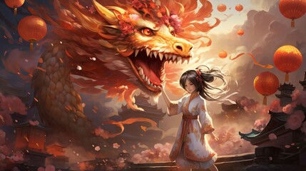 Poster - Illustration of a girl in traditional Chinese costume, or having a big dragon Lanterns around by the tooth. Chinese New Year celebrations.